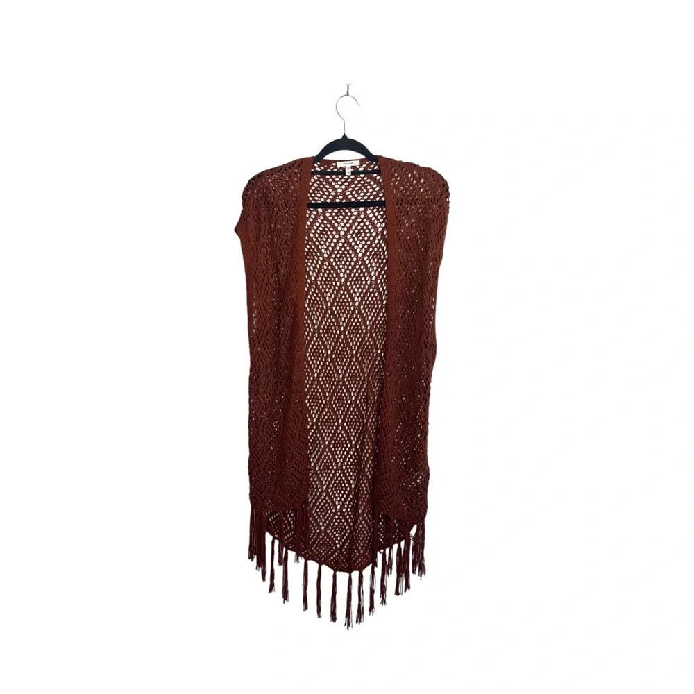 Maurices Rust Orange Fringe Sleeveless Duster Cardigan Open Knit Xsmall Women’s